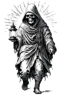 The hermit tarot walking sideways in darkness holding a lantern thats emitting light. Skull face cloaked in hood tattoo design idea