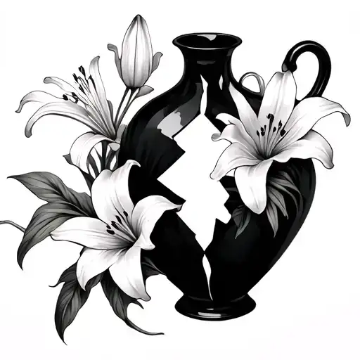 broken in half vase with handles and lillies tattoo design idea