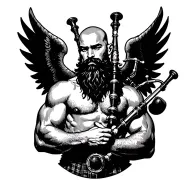 scottish bagpiper bald black beard muscular wearing glengarry pipes in arm big black wings shirtless tattoo tattoo design idea