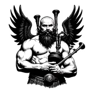 scottish bagpiper bald black beard muscular wearing glengarry pipes in arm big black wings shirtless tattoo tattoo design idea