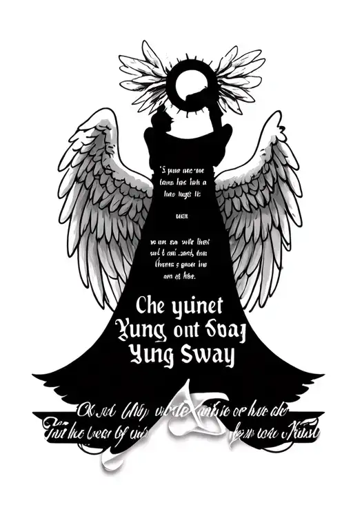 YUNG SWAY written somewhere with lighting Roman design angel wings and a Roman quote somewhere also being music themed tattoo design idea