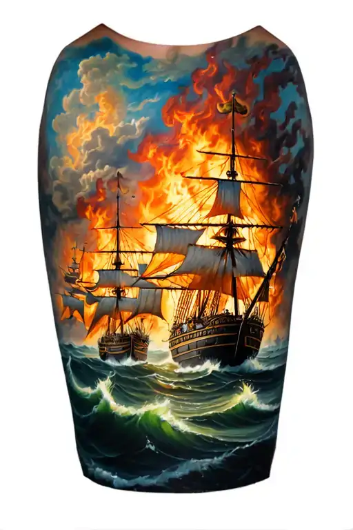 multiple Spanish galleons on fire flames tattoo design idea