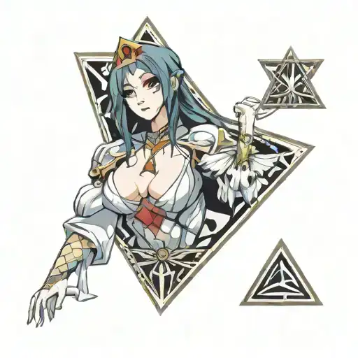 In a triangle, place Albedo inside it, showing her big breasts up and with a sensual face. tattoo design idea