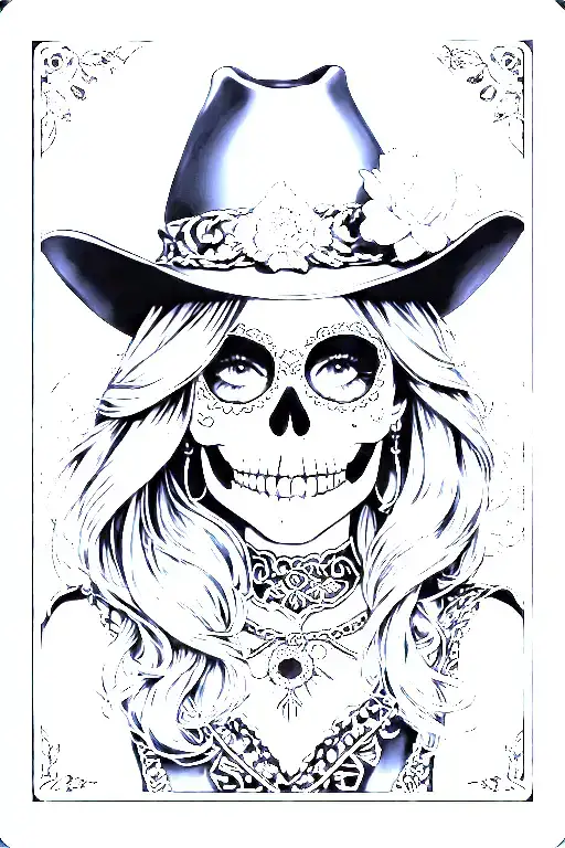 sugar skull cowgirl tarot card design featuring a pretty girl tattoo design idea
