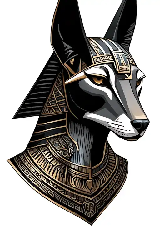Realistic black and gray tattoo of Anubis, seen from the front, muscular and imposing, jackal head. In dark Egyptian style tattoo design idea