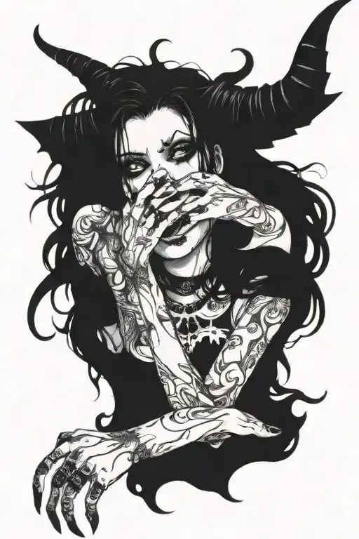 Sexy pale skinny Girl, pure white eyes, demonic black horns, messy black hair, long terrifying fingernails. bloody. tattoo design idea