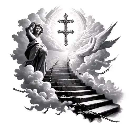 arm sleeve of stair way to heaven wrapping around arm with clouds and angles and rosary with cross tattoo design idea