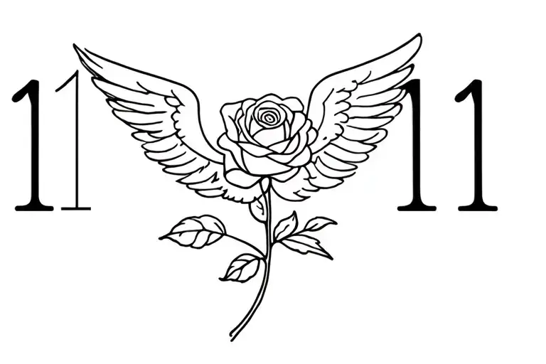 rose with the angel number 1111 above stem tattoo design idea