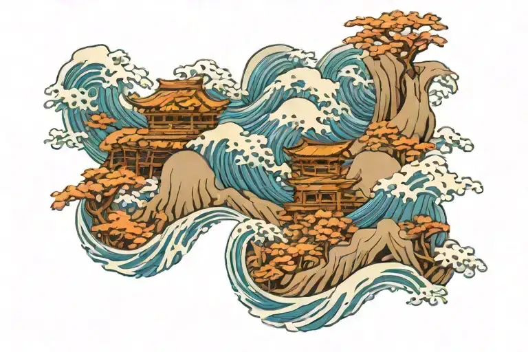 waves flowing river mountain range with a hidden symbols representing wabi sabi tattoo design idea