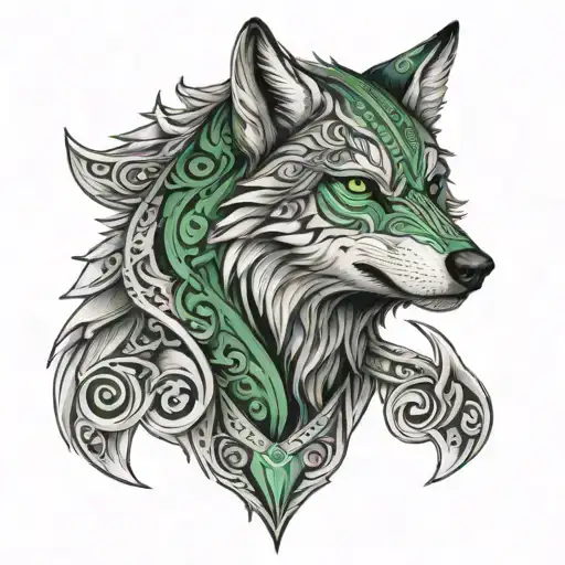 Nordic Wolf with green eyes armor shoulder tattoo tattoo design idea