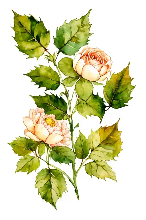 rose linked to Rowan leaf linked to Holly leaf linked to peony tattoo design idea