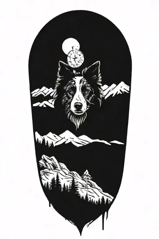 border collie face compass in mountain scene tattoo design idea
