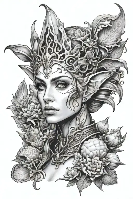 Head portrait of a female high elf framed by shells and aquatic themes tattoo design idea