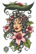 Medusa with fuchsias and lilies blooming along tattoo design idea