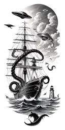 a kraken attacking a ship fighting it off with mermaids and sharks in the water. a lighthouse and ufo in the background  tattoo design idea