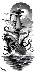 a kraken attacking a ship fighting it off with mermaids and sharks in the water. a lighthouse and ufo in the background  tattoo design idea