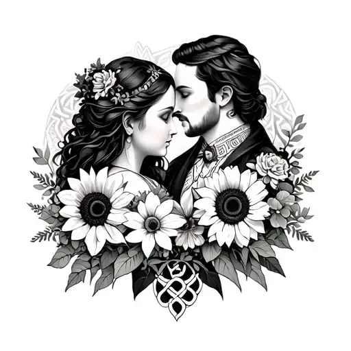 father and daughter Celtic, not with daffodils sunflowers, carnations in greenery, all in intertwined  throughout  tattoo design idea