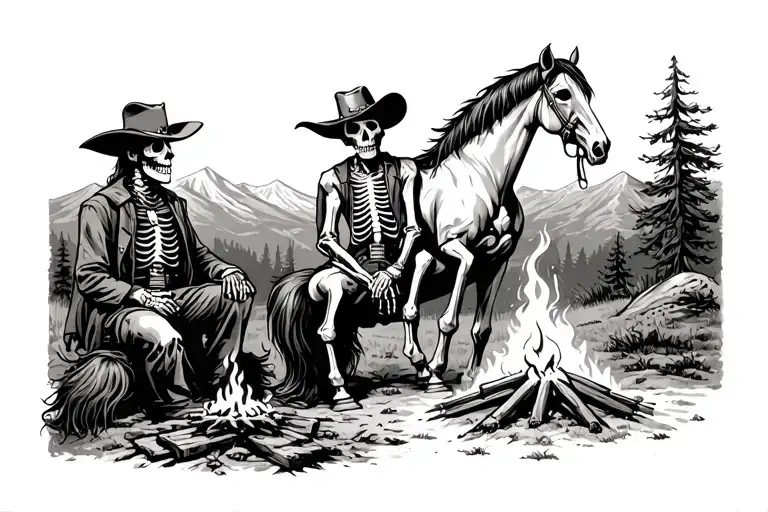 old western skeleton cowboy and his horse sitting by a fire in the mountains tattoo design idea