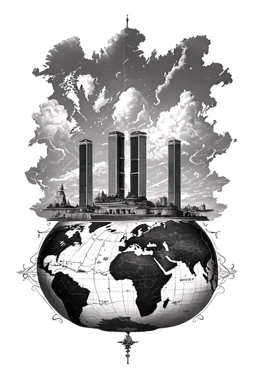 old world map and the twin towers in the center tattoo design idea