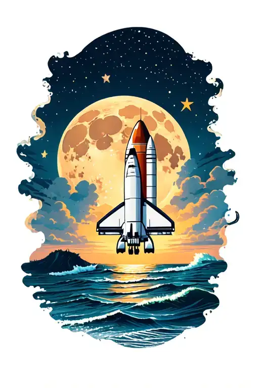 beach with ocean in background at night with moon, stars and small realistic space shuttle in background tattoo design idea