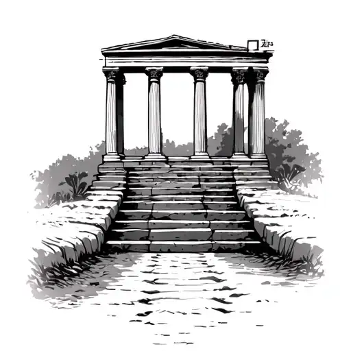 Dirt road leading up to 3 steps and 3 columns in roman architecture. tattoo design idea