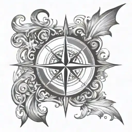 A black-grey design of a compass rose surrounded by swirling waves, symbolizing the client's journey of overcoming challenges and finding their way tattoo design idea