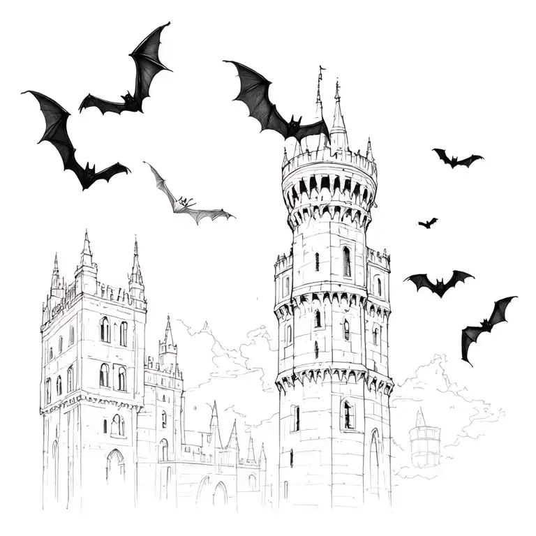 bats flying from tower from left to right tattoo design idea
