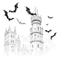 bats flying from tower from left to right tattoo design idea