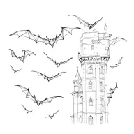 bats flying from tower from left to right tattoo design idea