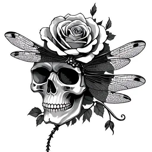rose skull dragonfly tattoo design idea