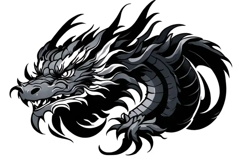 single head traditional Japanese dragon without wings black and dark grey full length design HD tattoo design idea