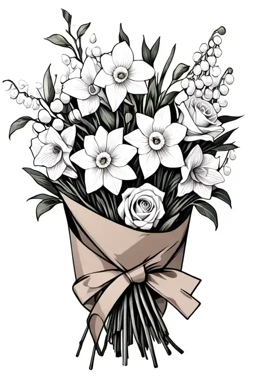 a bouquet of daffodils, roses and Lilly of the valley wrapped in butcher paper tattoo design idea
