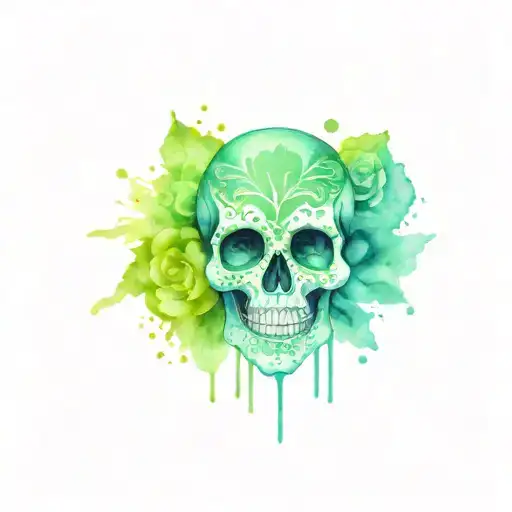 Mexican skull, colorfull, with green water color around tattoo design idea