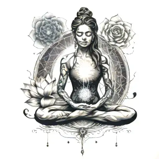 yoga pose shadow, chakras symbols integrated, surrounded by lotus flower realistic, phases of the moon tattoo design idea