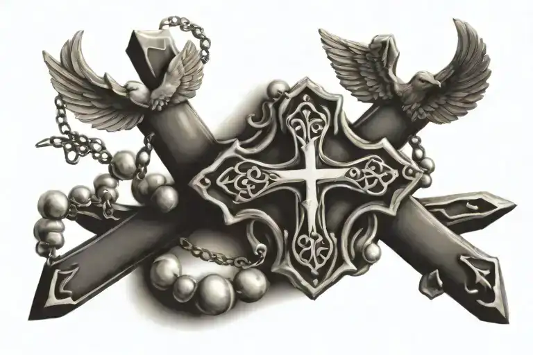 Christian cross Tatoo design combining with rosary and dove  tattoo design idea