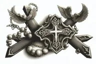 Christian cross Tatoo design combining with rosary and dove  tattoo design idea