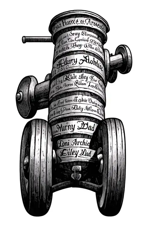Arsenal FC Cannon made up of words Toni, Riley, Archie, Harry, Lilly, Mum, Dad tattoo design idea
