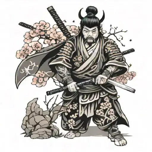 cherry blossoms samurai warrior holding sword tattoo design idea
