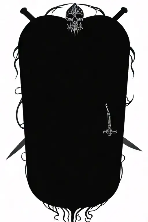 viking with long hair holdiing a sword surround by skulls tattoo design idea