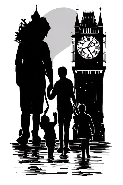 Kingston upon Thames bridge. Leicester city clock tower. Family silhouette holdings hands, dad, mum and two boys.    tattoo design idea