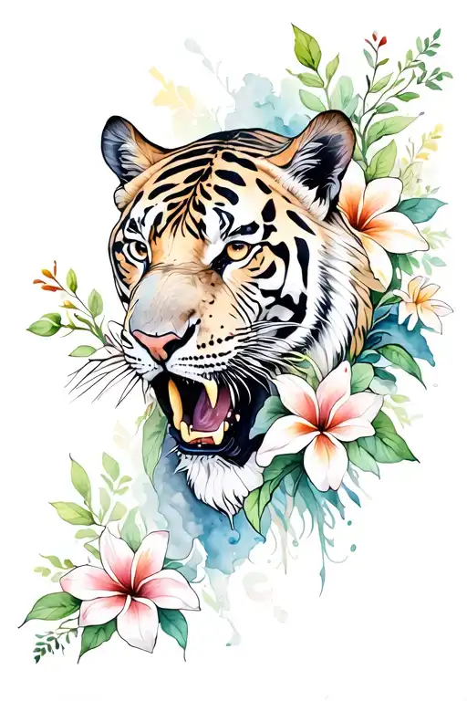 A sleeve tattoo for the left arm with a saber tooth tiger in the centre surrounded by a lilli flowers  tattoo design idea