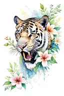 A sleeve tattoo for the left arm with a saber tooth tiger in the centre surrounded by a lilli flowers  tattoo design idea