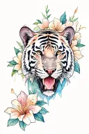 A sleeve tattoo for the left arm with a saber tooth tiger in the centre surrounded by a lilli flowers  tattoo design idea
