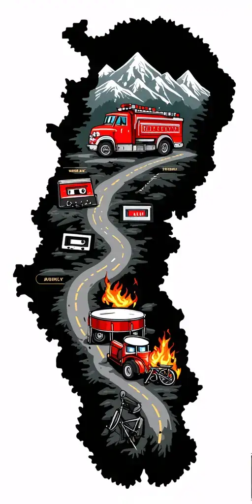 map with landmarks with road, mountains, trex fire truck, mountain bike drum set, cassette tape, book on fire, tattoo design idea
