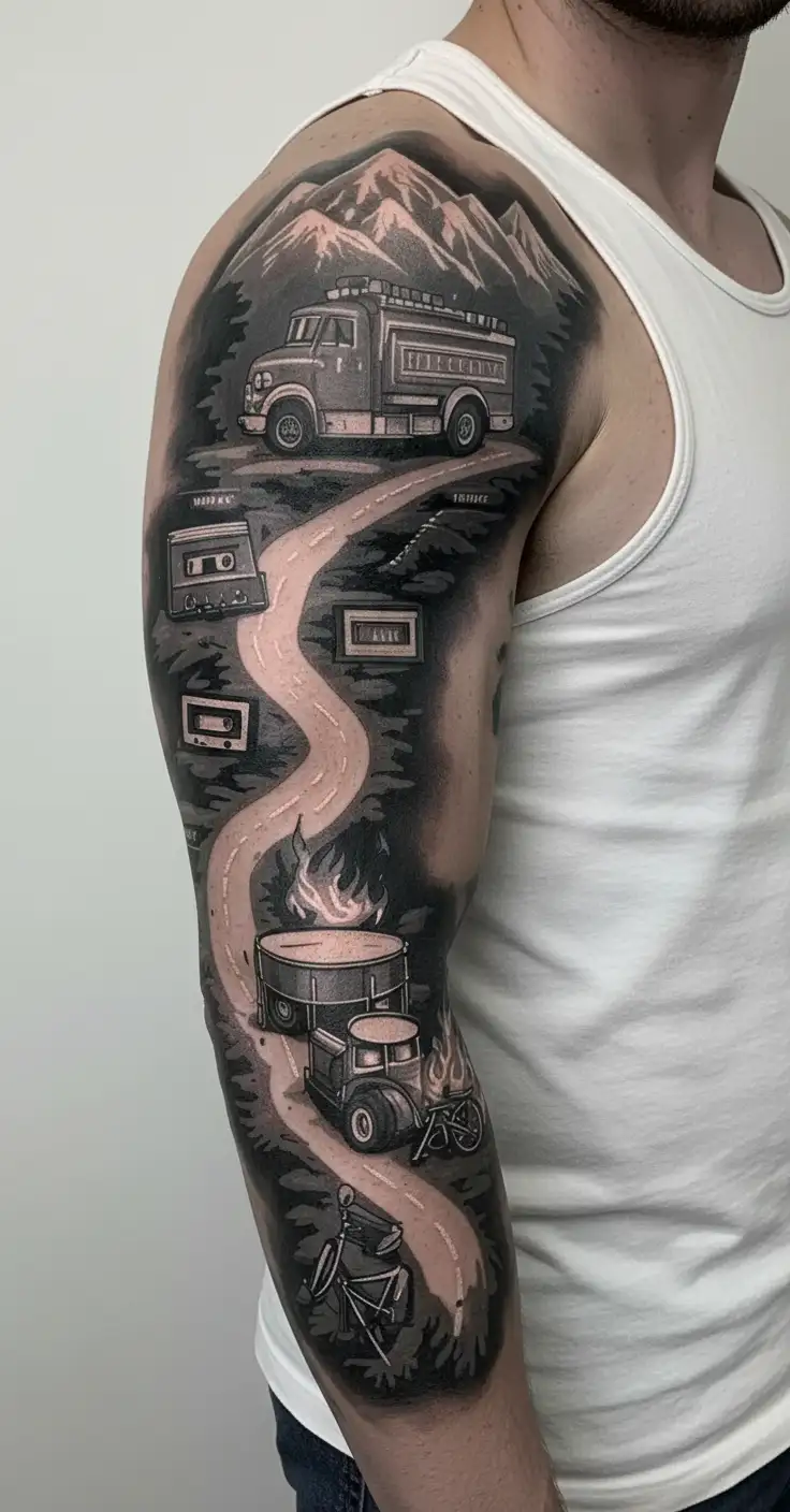 map with landmarks with road, mountains, trex fire truck, mountain bike drum set, cassette tape, book on fire, tattoo design idea