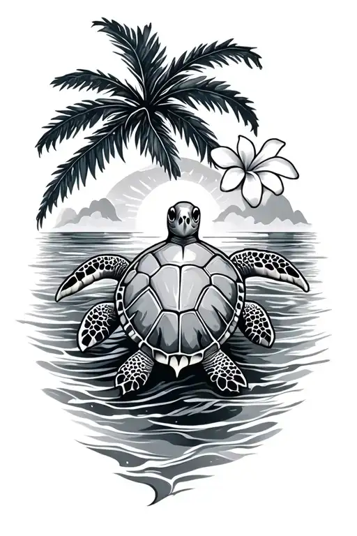 Sea turtle, ocean waves, plumeria, sunset, palm tree tattoo design idea