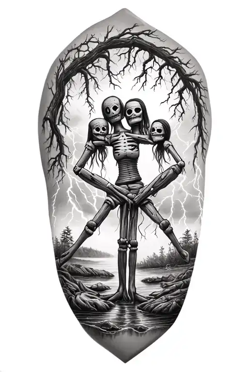 three voodoo doll sitting side by side and nature and lightning tattoo design idea