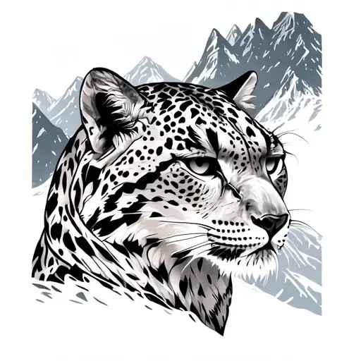 snow leopard full arm on snowy mountain tattoo design idea