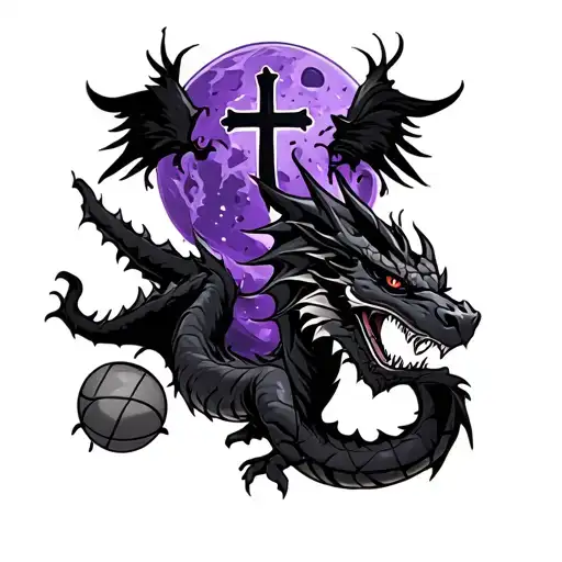 purple asteroid with a cross on a black dragon and a basketball   tattoo design idea