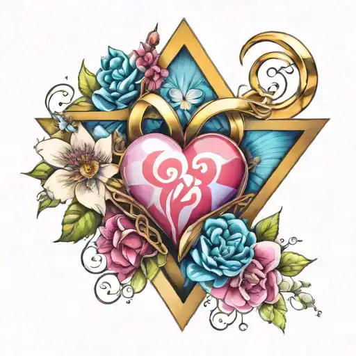 colorful heart, infinity sign, triangle,  blooming banner tattoo design idea